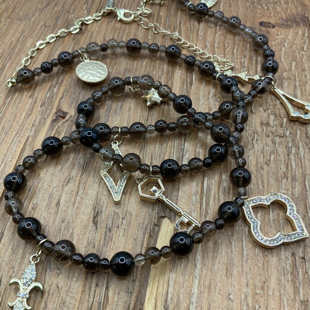 WHBM Smokey Glass Beaded Gold Tone Rhinestone Dangling Charms Necklace